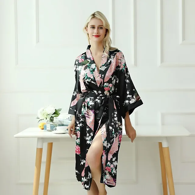 Women's Robes Gown Bathrobes Pure Color Simple Comfort Home Party Wedding Party Spandex Gift Long Sleeve Belt Included Spring Summer Navy Blue