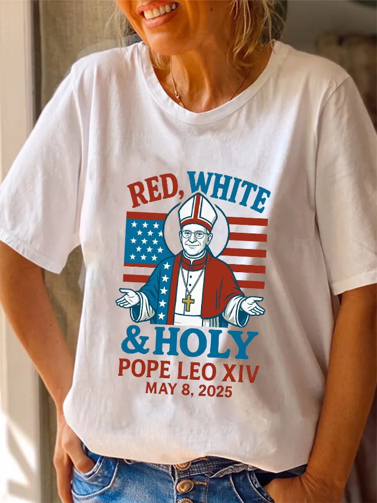 Women'S Red White And Holy Pope Leo Xiv 8th May 2025 Round-Neck Short-Sleeved T-Shirt