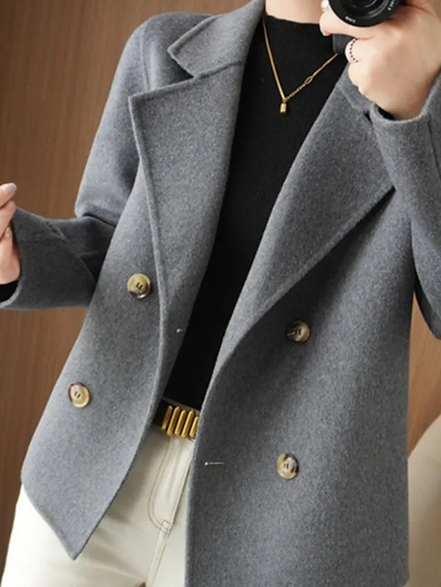 Women's Winter Blazer Coat Fall Double Breasted Lapel Jacket Wool Blend Short Coat with Pockets Warm Black White Camel