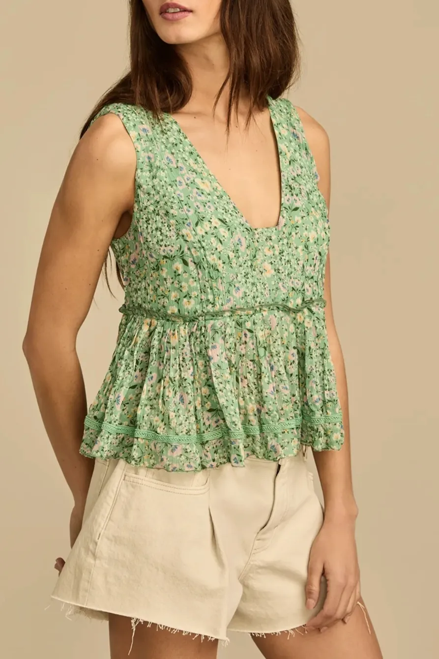 Green Floral Printed Ruched Ruffle V Neck