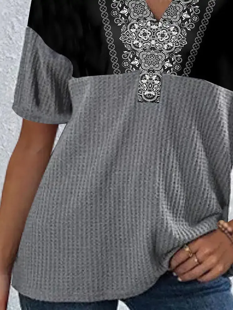 Women's Stitching Colorblock Printed Short Sleeve V-neck Top