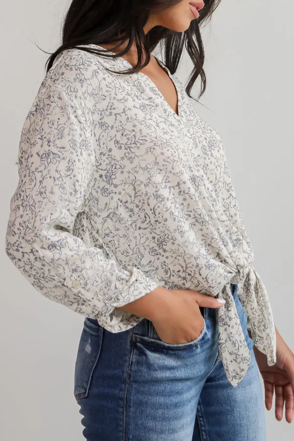 Decadently Sweet Cream Floral Tie-Front Blouse