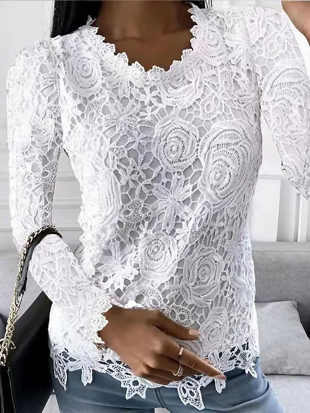 Women's Lace Shirt Shirt Blouse Plain Work Black White Pink Lace Long Sleeve Elegant Vintage Fashion Round Neck Regular Fit Spring Fall