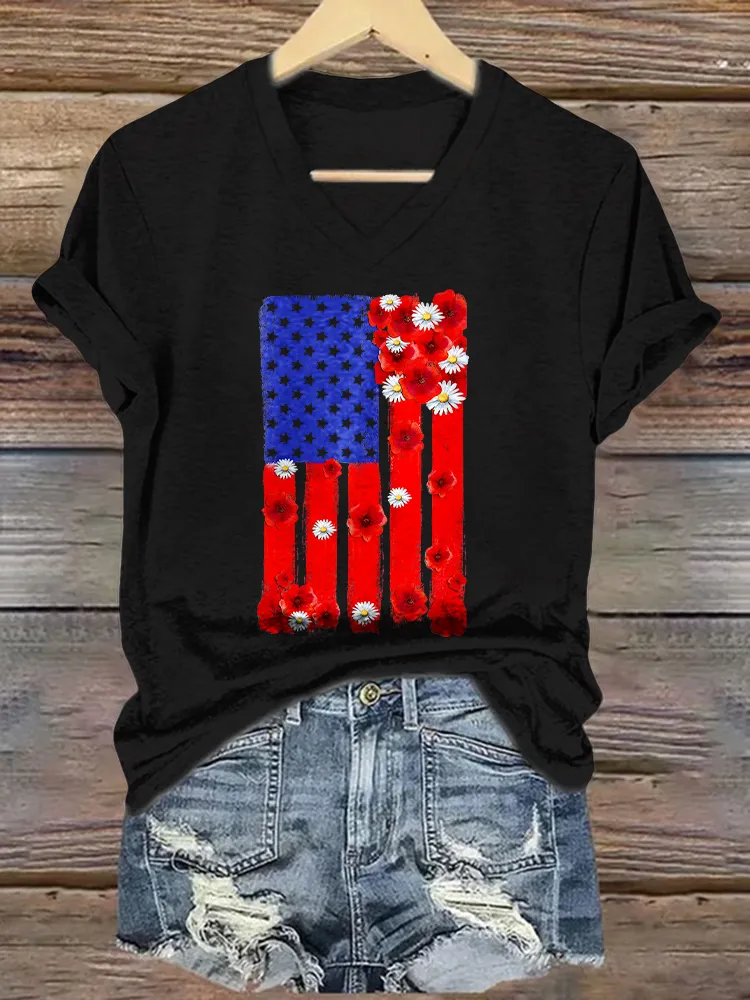 Women'S T-Shirt With National Flag Pattern Printed Pure Cotton V-Neck Short-Sleeved T-Shirt