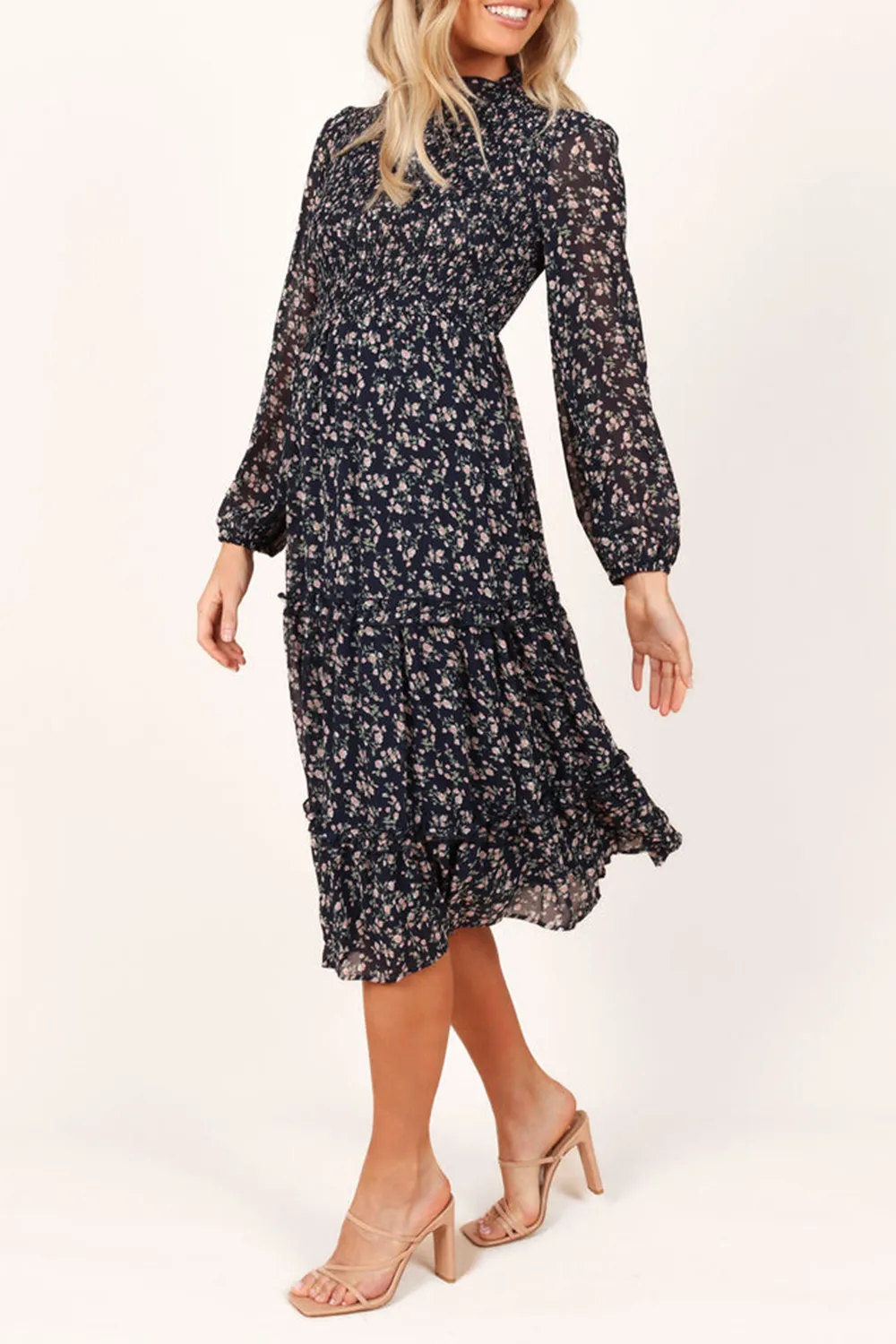 NAVY FLORAL SHIRRED FRILL LONG SLEEVE MIDI DRESS