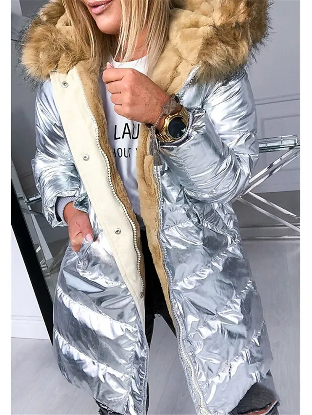 Women's Winter Jacket Parka Warm Breathable Daily Going out Pocket Fur Collar Fleece Lined Zipper Hoodie Active Simple Comfortable Solid Color Regular Fit Outerwear Long Sleeve Winter Fall Silver