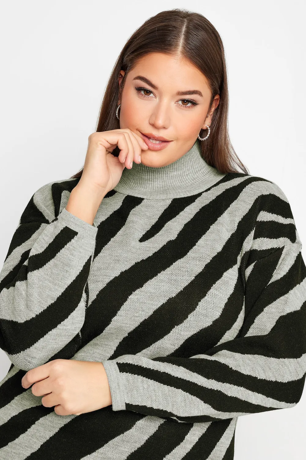 YOURS Curve Grey Zebra Print Turtle Neck Jumper