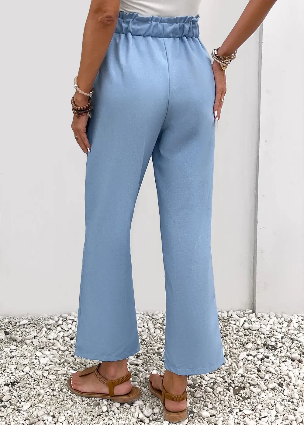 Dusty Blue Pocket Elastic Waist High Waisted Pants