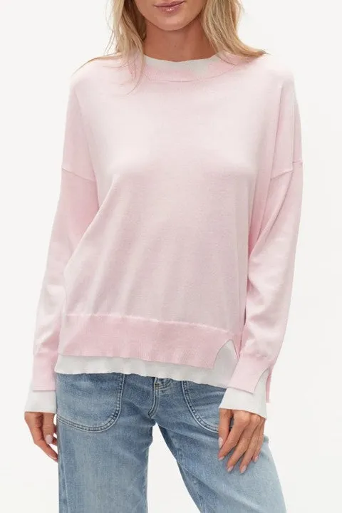 Light Pink Layered Hem Crew Neck Sweater
