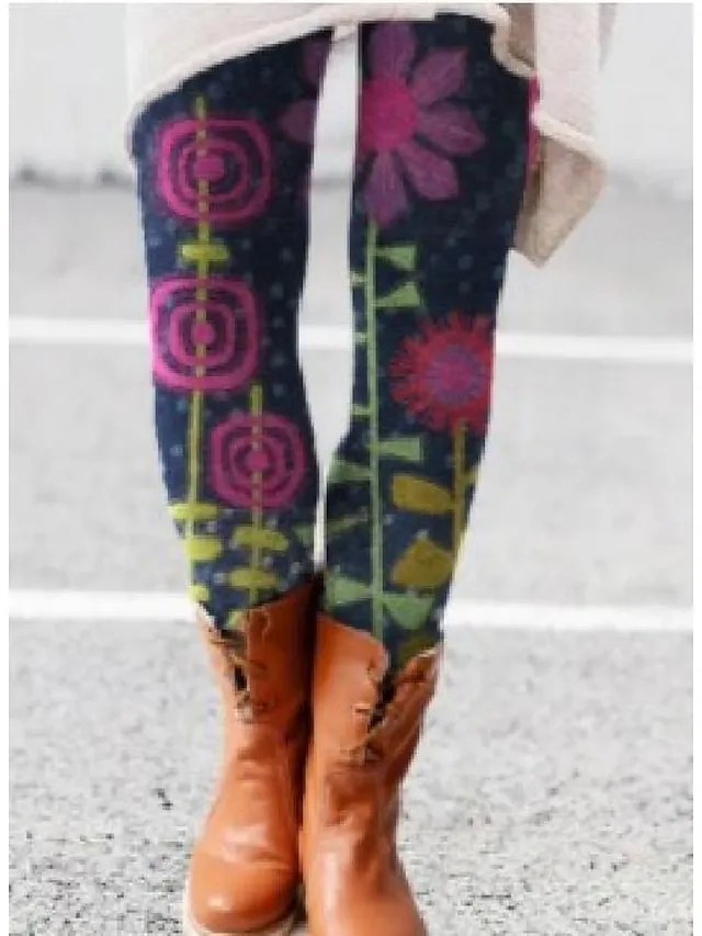 Women‘s Fleece-lined Leggings Fuchsia Rainbow Light Blue Mid Waist Casual Weekend Print Stretchy Full Length Winter Leggings Tummy Control Flower / Floral S M L XL 2XL / Skinny Winter