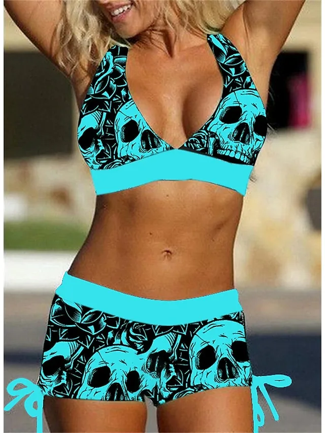 Women's Swimwear Bikini 2 Piece Plus Size Swimsuit Open Back Printing Leopard Skull White Blue Purple Red V Wire Bathing Suits New Vacation Holiday / Modern / Letter / Flower / Padded Bras