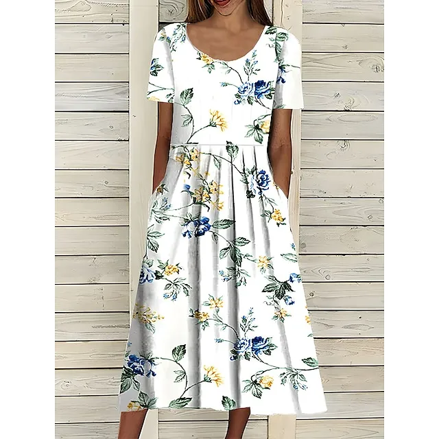 Women's Casual Dress Midi Dress White Blue Green Short Sleeve Floral Ruched Summer Spring Crew Neck Basic Loose Fit 2023 S M L XL XXL 3XL