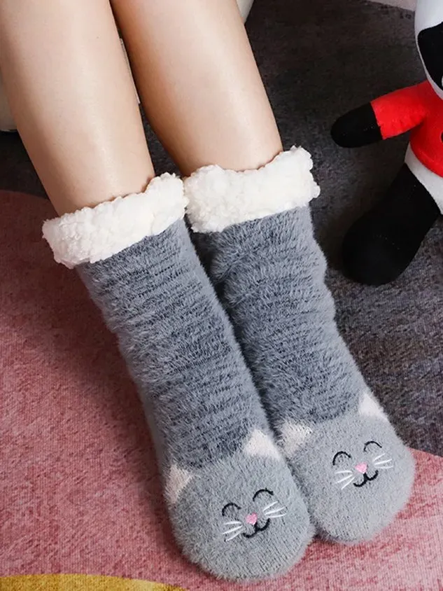 1pair Women Cartoon Cat Warmth Non-Slip Floor Socks