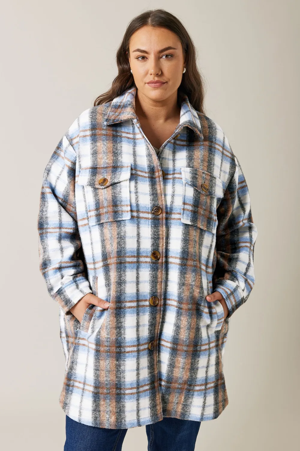 Evans Blue & Brown Check Midi Shacket