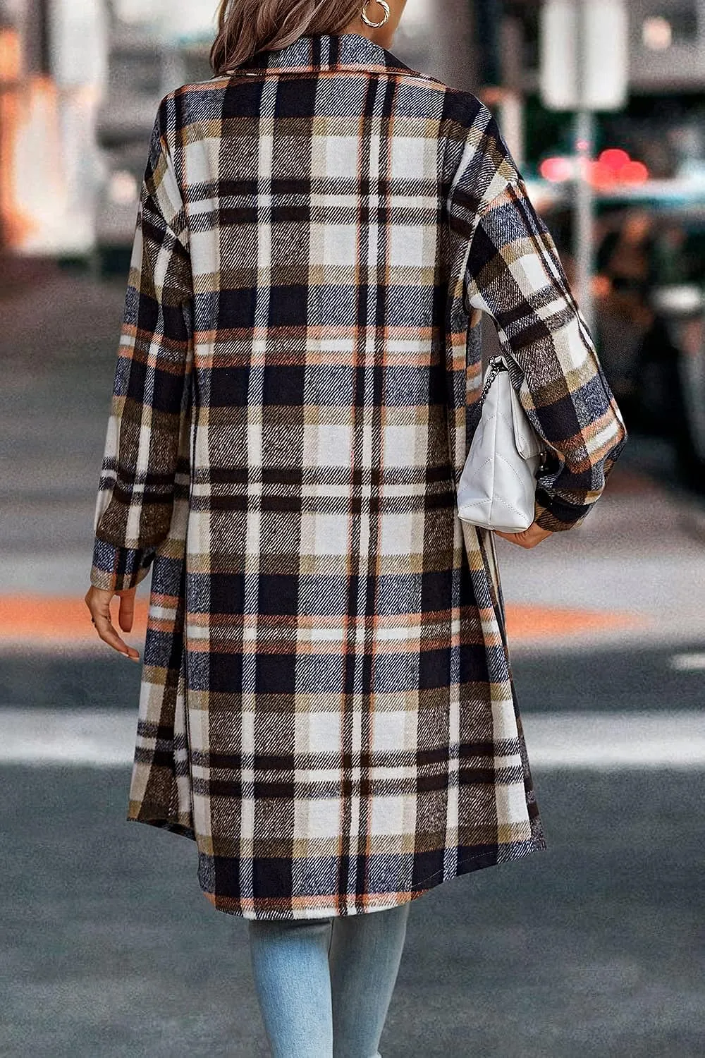 Women's Plaid Shacket 2023 Long Sleeve Button Up Flannel Shirt Winter Tartan Jacket Woolen Coats