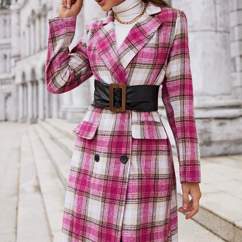 Rose Red Plaid Lapel Coat