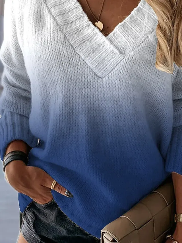 Women's Pullover Sweater Jumper Jumper Crochet Knit Tunic Print Color Gradient V Neck Stylish Casual Daily Drop Shoulder Summer Spring Blue S M L