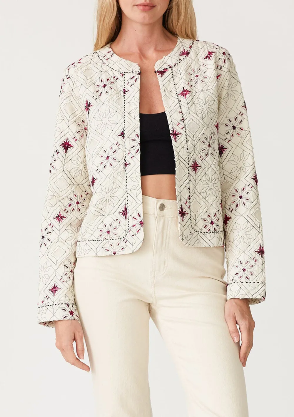 Embroidered Open Front Cropped Jacket