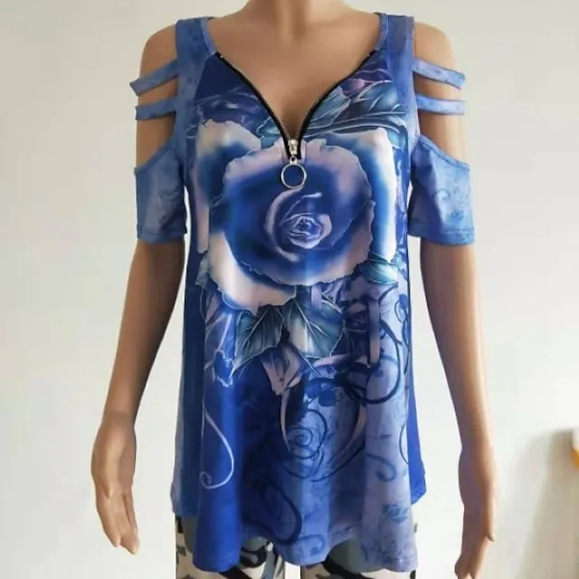 Women Tops T-Shirt Hollow-Out Shoulder Short Sleeve Casual Blouse Shirts Flower Print V-Neck Zipper Shirt