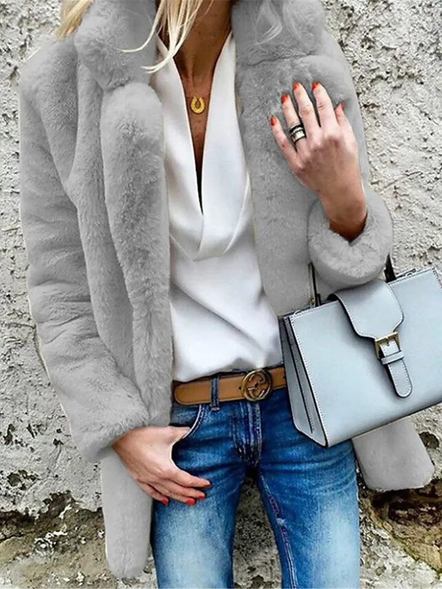 Women's Fleece Jacket Teddy Coat Warm Breathable Street Daily Wear Vacation Going out Fleece Lined Open Front Turndown Casual Street Style Plain Regular Fit Outerwear Long Sleeve Fall Winter White