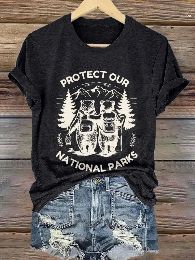 Women'S T-Shirt Vintage Protect Our National Park Printed T-Shirt Pure Cotton Crew-Neck Short Sleeve
