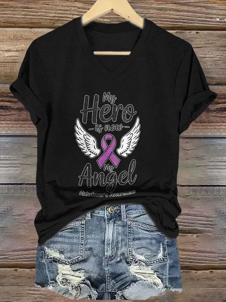 Women'S My Here Is Now My Angel Alzheimer'S Awareness V-Neck T-Shirt