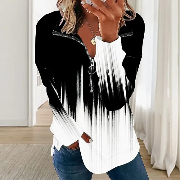 Women's Sweatshirt Pullover Plaid Color Block Basic Zipper White Red Blue Street Casual V Neck Long Sleeve Top Micro-elastic Spring Winter Fall & Winter