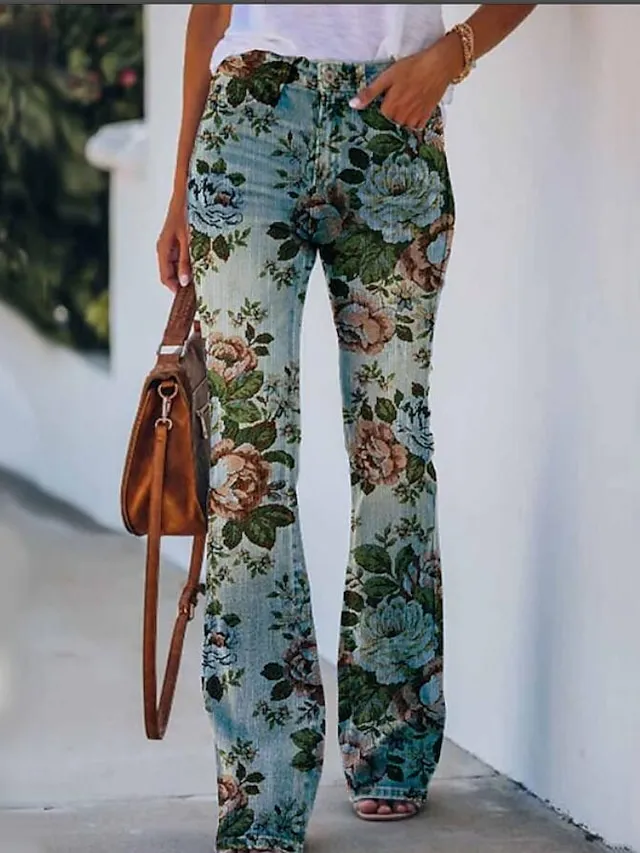 Women's Jeans Bootcut Flared Pants Full Length Faux Denim Print High Elasticity High Waist Fashion Streetwear Casual Daily 1 2 S M Fall & Winter