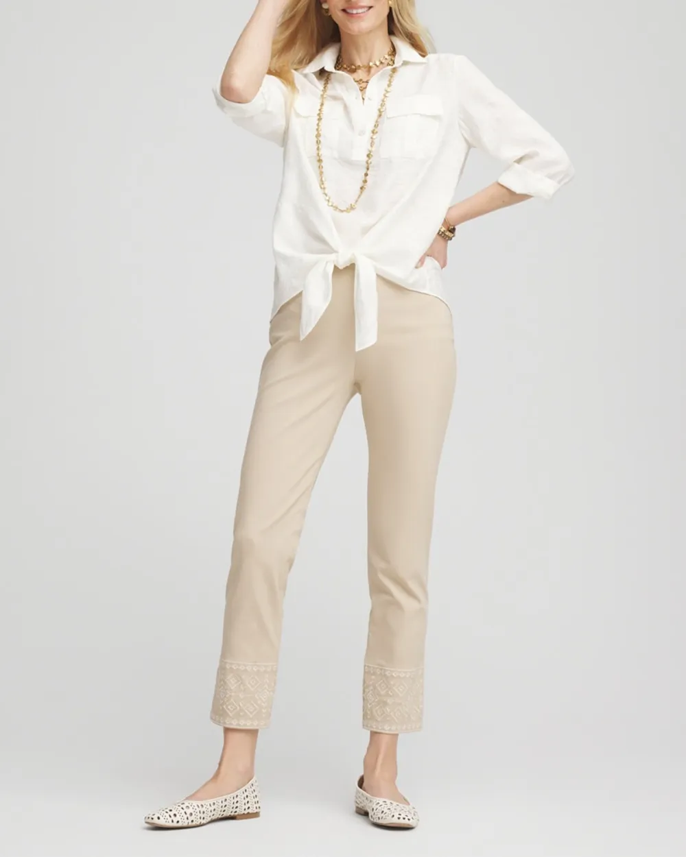 Embroidered Ankle Lace Hem Pants