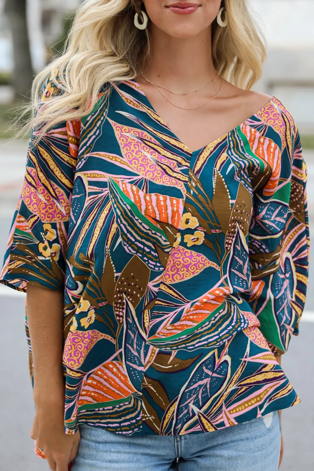 Incredible Allure Teal Leaf Print Oversized Blouse