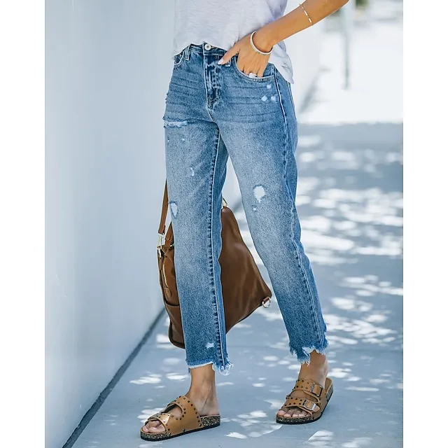 Women‘s Moms Jeans Low Rise Pants Trousers Distressed Ankle-Length Denim Side Pockets Micro-elastic Mid Waist Fashion Casual Weekend Blue S M Summer Spring & Fall