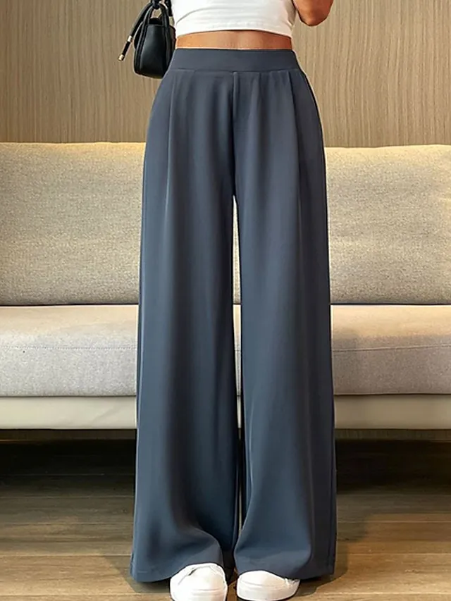 Women's Dress Pants Wide Leg Maillard Trousers Full Length Pocket Baggy Micro-elastic High Waist Fashion Streetwear Work Street Black Blue M L Summer Fall