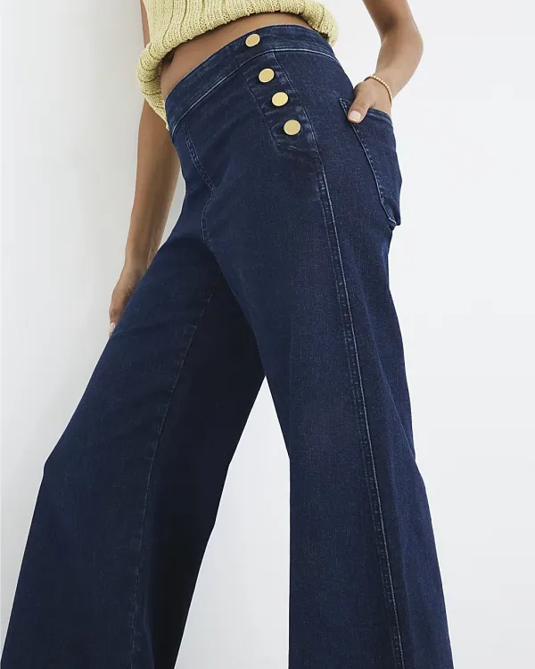 Button-Decorated High-Waisted Women's Bootcut Trousers