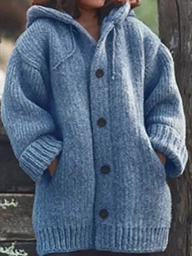 Women's Plus Size Winter Coat Coat Button Pocket Solid Color Outdoor Causal Long Sleeve Hooded Regular Winter Fall Green Black Blue L XL XXL 3XL 4XL