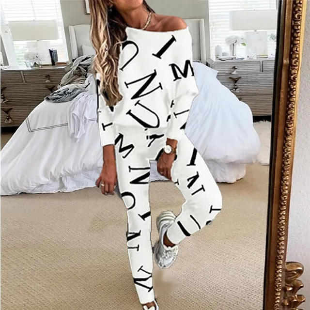 Women's Letter Print Lounge Sets Sweatsuit 2 Pcs  Crew Neck Long Sleeve Tops & Slim Pants Outfits Sport Comfort Home Street Vacation Polyester Off Shoulder Fall Winter S 2XL Black White