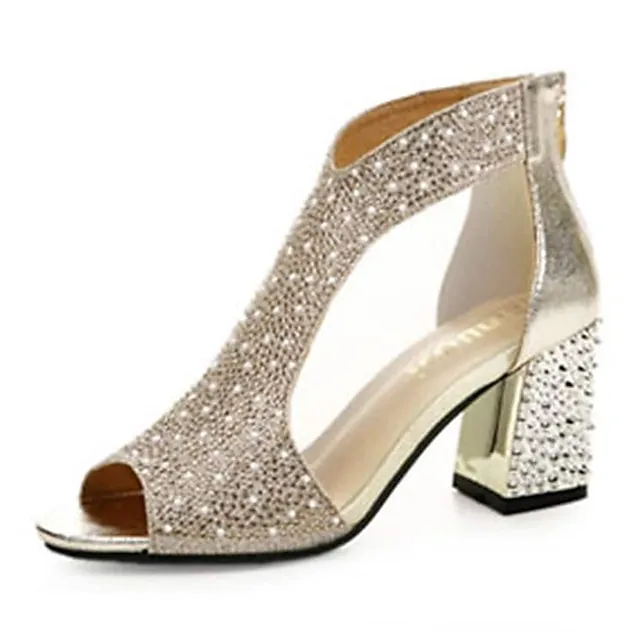 Women's Sandals Block Heel Sandals Sandals Boots Summer Boots Sparkly Sandals Party Outdoor Daily Summer Rhinestone Block Heel Chunky Heel Peep Toe Vintage Elegant Casual Walking Shoes Faux Leather