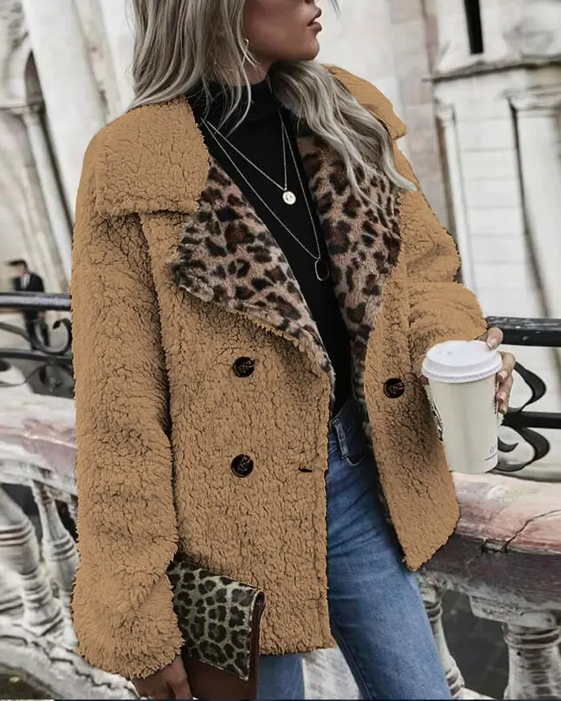 Contrast Leopard Double Breasted Teddy Coat