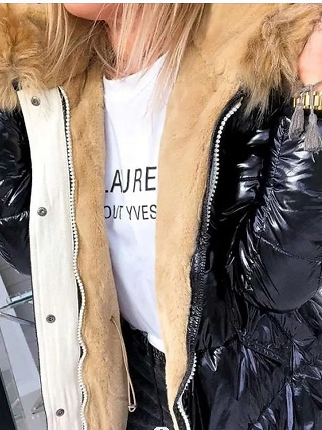 Women's Winter Jacket Parka Warm Breathable Daily Going out Pocket Fur Collar Fleece Lined Zipper Hoodie Active Simple Comfortable Solid Color Regular Fit Outerwear Long Sleeve Winter Fall Silver