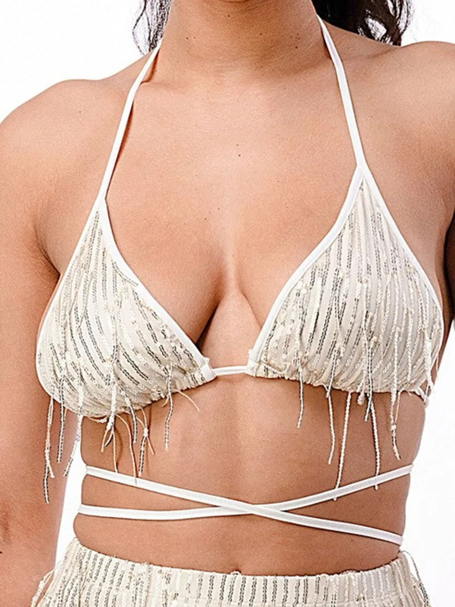 Silver Fringe Crop Top and Mini Skirt Set