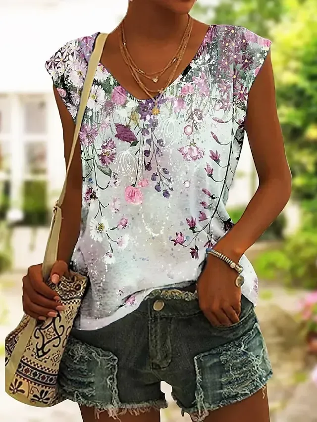 Women's Tank Top Pink Blue Green Floral Print Sleeveless Holiday Basic V Neck Regular Floral S