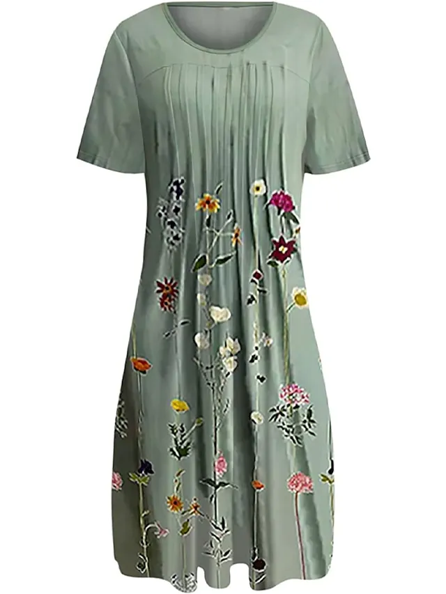 Women's Casual Dress T Shirt Dress Tee Dress Shift Dress Midi Dress Blue Green Short Sleeve Floral Ruched Summer Spring Crew Neck Basic Daily Weekend 2023 S M L XL XXL 3XL