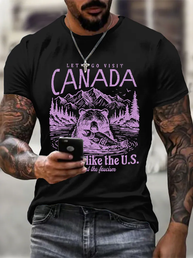 Men'S Let'S Go Visit Canada Short Sleeve Crew Neck Cotton Print T-Shirt