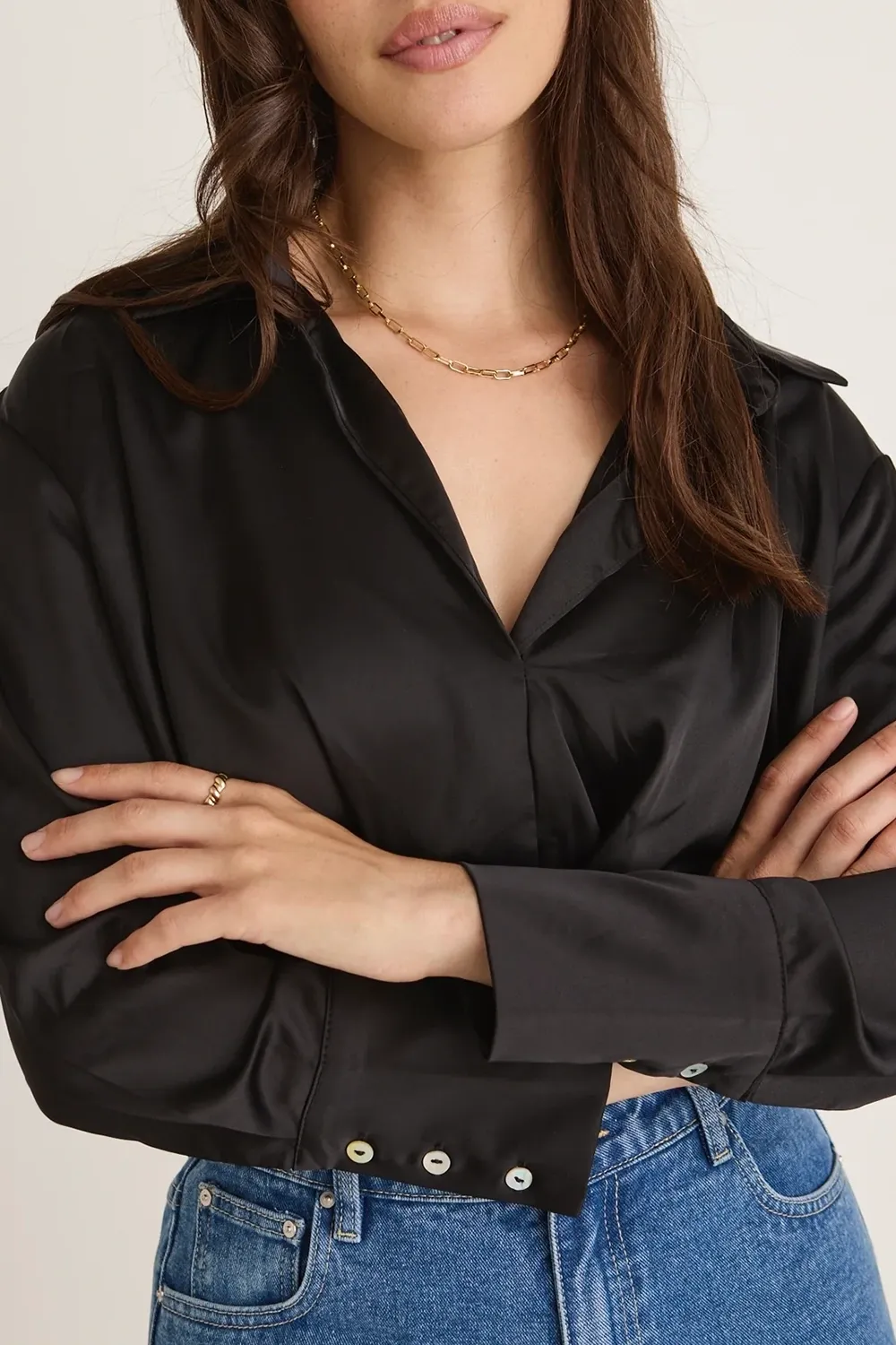 Black Satin Wrap Front Long - Sleeve