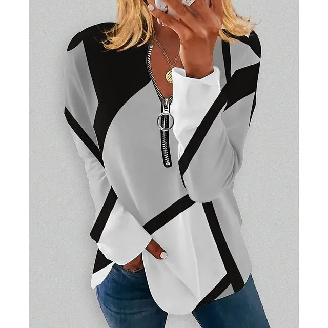 Women's Plus Size Sweatshirt Pullover Graphic Color Block Active Streetwear Quarter Zip Print White Blue Purple Daily Sports V Neck Long Sleeve Without Lining Micro-elastic Fall & Winter