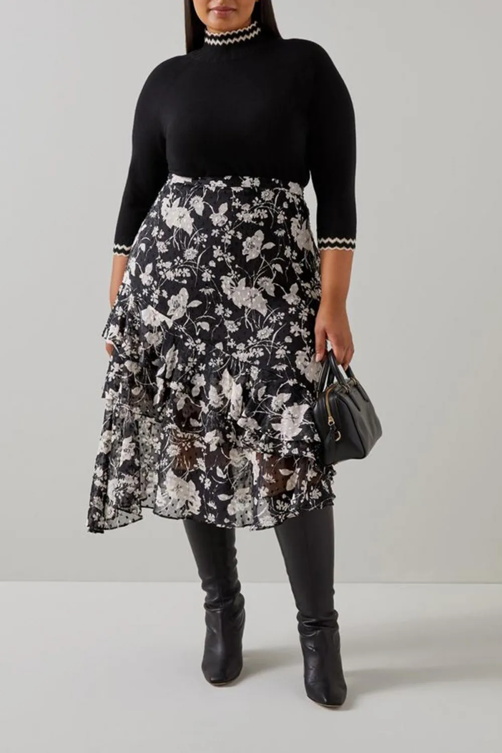 Black Cream Floral Print Tiered Midi Skirt