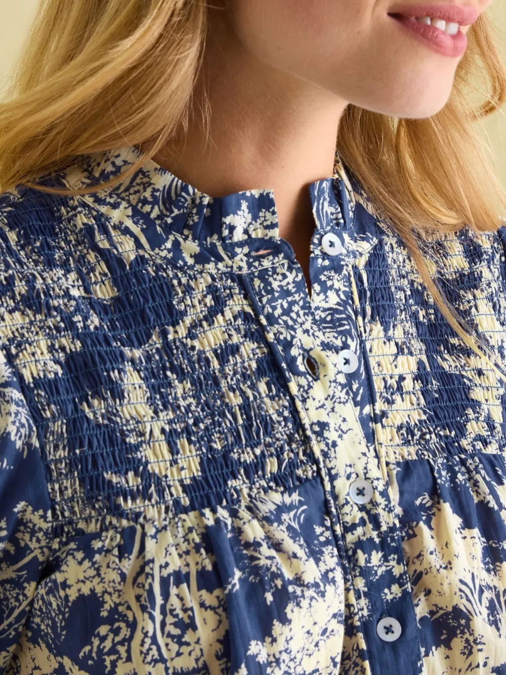 Blue Frill Neck Smocked Blouse