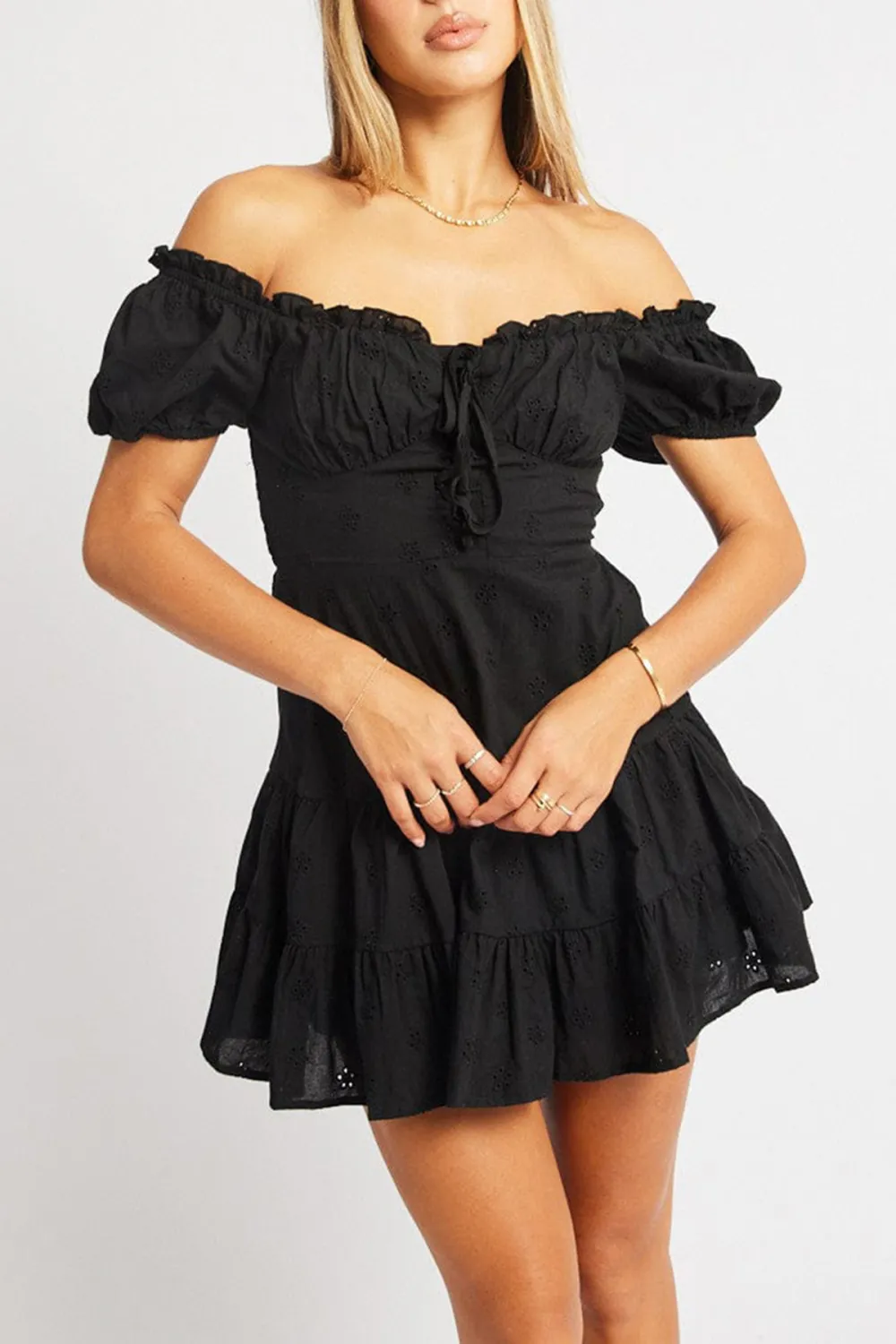Black Fit And Flare Dress Short Sleeve Eyelet Fabric