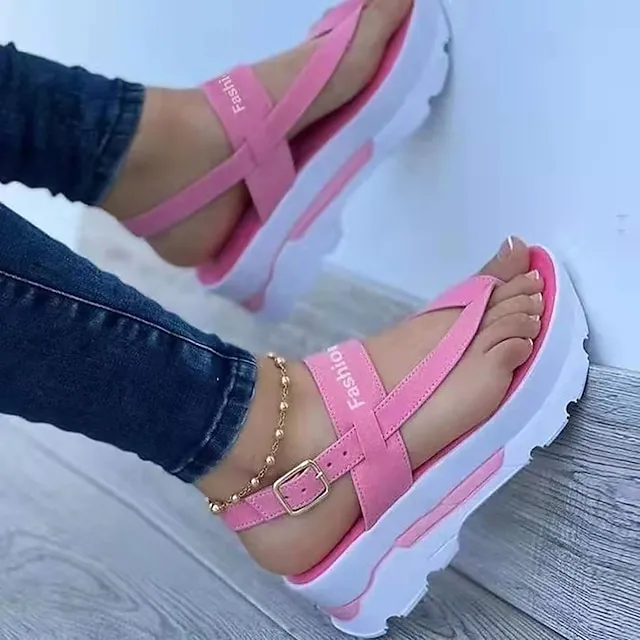 Women's Sandals Platform Sandals Outdoor Daily Summer Buckle Platform Peep Toe Casual Minimalism Walking Shoes PU Leather Microfiber Buckle Solid Color Solid Colored Black Pink Blue