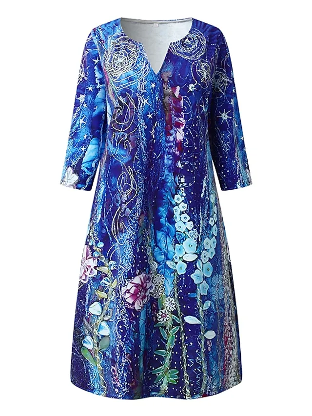 Women‘s Shift Dress Knee Length Dress 3/4 Length Sleeve Floral Print Summer Spring Fall V Neck Casual 2023 S M L XL XXL XXXL 4XL