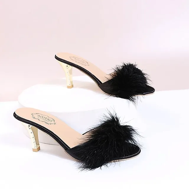 Women's Sandals Furry Feather High Heel Pointed Toe Faux Fur PU Loafer Solid Colored Black Rosy Pink Beige